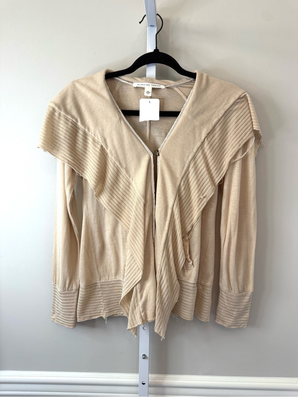 Burning Torch Tan Ribbed Cascade Cardigan Sweater Size S/P *hole